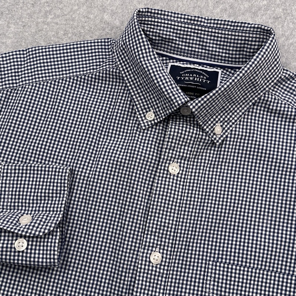 Charles Tyrwhitt Classic Fit Button Down Shirt Mens Medium Blue Gingham Non-Iron